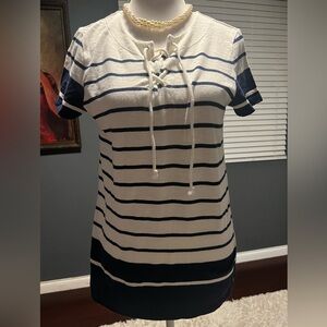 . Tommy Hilfiger Navy and White Striped Lace-Up Top. In EUC. Size M